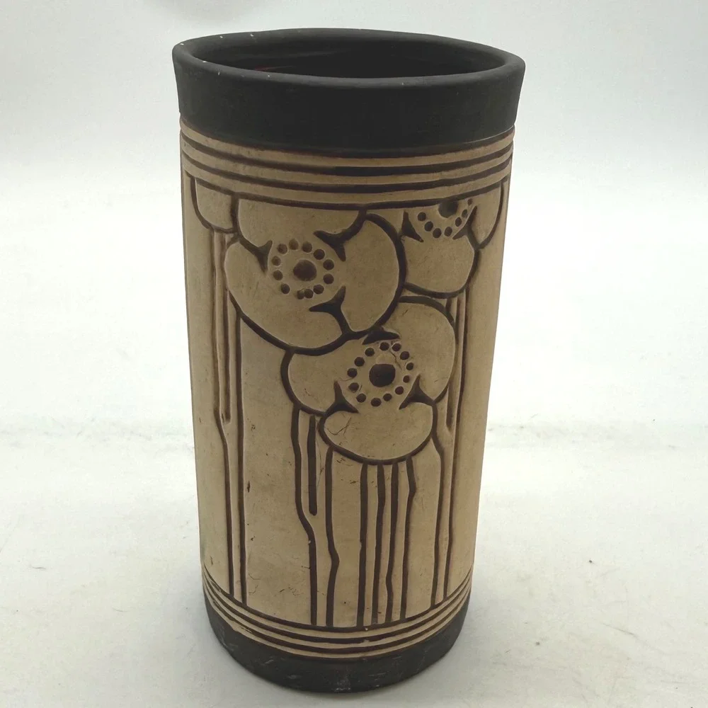 Vintage Studio Pottery Floral Relief Stoneware Cylinder Vase Beige Brown 7.5in